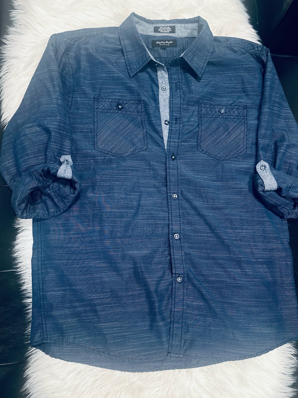 Eighty Eight Platinum Men's Blue Textured Roll-Tab Button Down Shirt